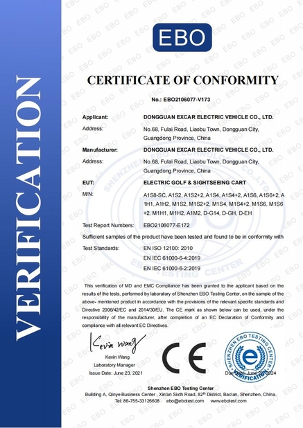 Chine Dongguan Excar Electric Vehicle Co., Ltd Certifications