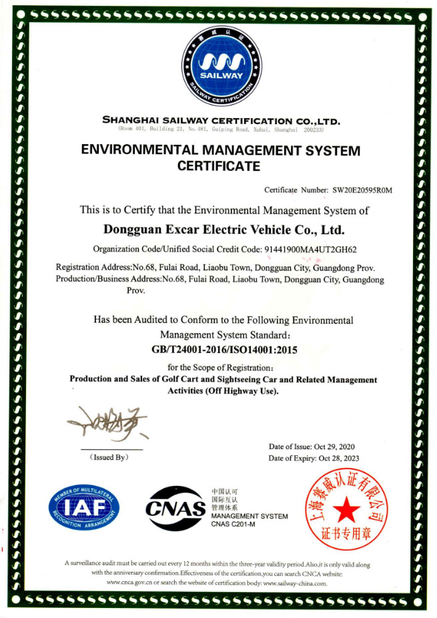 Chine Dongguan Excar Electric Vehicle Co., Ltd Certifications